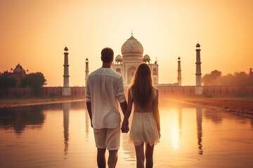 Wall Mural - Travel, vacation, romance concept. Young couple traveling and walking in India. Taj Mahal mausoleum in background. Man and woman view from behind. Summer vibe background. Generative AI