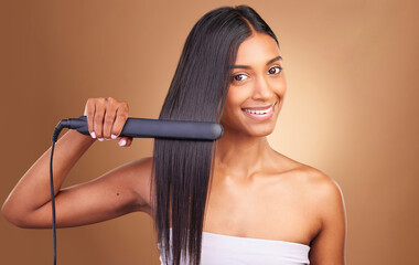 Wall Mural - Straightener, hair care and woman portrait with smile and happy from Brazilian treatment in studio. Salon, natural beauty and hairdresser tool for healthy hairstyle and wellness with brown background