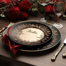 A Black And Gold Table Setting With Red Roses In The Background, There Is An Empty Place For Your Text