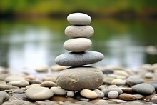A Balanced Stack Of Zen Rocks In Nature Created With Generative AI Technology