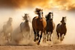 A herd of galloping horses in a dusty field created with Generative AI technology
