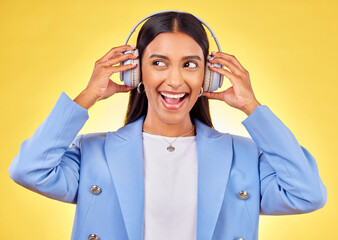 Sticker - Headphones, excited or businesswoman streaming music thinking of podcast on yellow background. Happy, smile or entrepreneur listening to radio song or audio sound on subscription playlist in studio