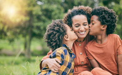 Canvas Print - Happy, kiss and mother with children in park for relax, bonding and love mockup. Care, support and smile with woman and kids in grass field in nature for black family, summer and happiness together