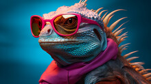Chameleon Wearing Sunglasses On Blue Background. Close-up.