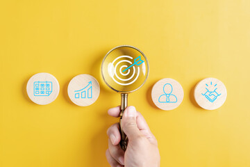 Fototapete - Magnifier glass focus to target icon which for planning development leadership and customer target group concept.