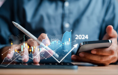 Aufkleber - Happy New year 2024 with chart graph and countdown merry christmas and happy new year, Planning and challenge strategy business in new year 2024 Concept.