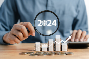 Aufkleber - Happy New year 2024 Budget management accounting with chart graph and countdown merry christmas and happy new year, Planning and challenge strategy business in new year 2024 Concept.