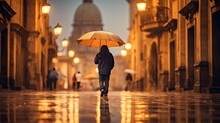 A Man Walking In The Rain Holding An Umbrella And Looking At The Dome Of St Pauls Cathedral, Paris