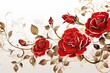 Graphic Gold line art red roses flowers pattern, white background