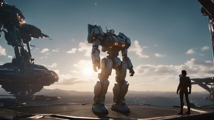 a mecha stands high on a scifi platform with a mecha pilot looking at it.