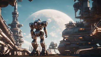 Wall Mural - A sci-fi mecha power armour suit looking at an alien moon from it's high-tech base.