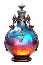 Realistic Elixir/magic Potion In A Glass Bottle. Witch's Colorful Potion. Isolated On A Transparent Background.