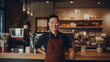An Asian business owner poses in front of their specialty coffee shop,  brewing passion in every cup