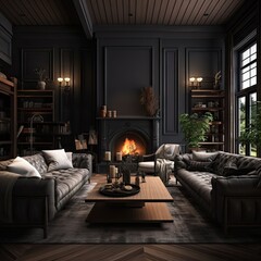 a living room with two couches, a coffee table and a fireplace in the room is dark grey walls