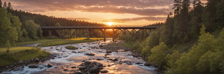 Wall Mural - Bridge over the river in a forest with sunset