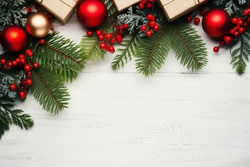 Christmas or New Year background, plain composition made of Xmas decorations and fir branches, flat lay, blank space for a greeting text. generative ai.