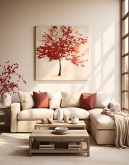 Wall Mural - a living room with white couches and red trees on the wall behind it, as well in this photo