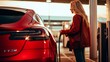 © Suleyman - View from the side of a young woman charging a red car while seated in an electric vehicle charging station.
