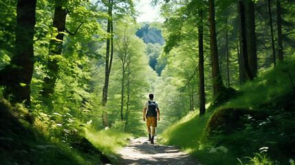 Back view of man hiking in the woods.