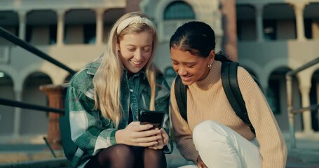 Canvas Print - Funny, friends and reading phone on college, campus or students outdoor with social media, communication or online gossip. Internet, meme and girls scroll on mobile app, web or talking at university