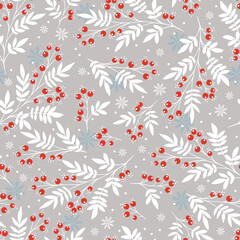 Wall Mural - Seamless christmas pattern with  berry branches. Snowflakes. Vector illustration.