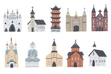 Set Religious Church Building In Hand Drawn Style. Spiritual Collection Architecture Vector