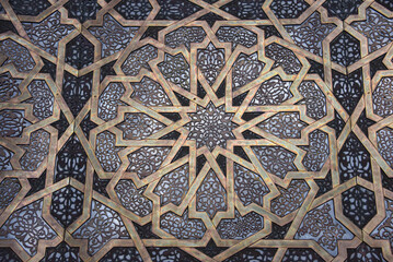 Casablanca, Morocco - Feb 26, 2023: Geometric Islamic patterns on architecture in the Hassan II Mosque, Casablanca