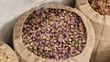 Marrakech, Morocco - Feb 8, 2023: Dried Rose buds for making tea. Moroccan Culinary Arts Museum