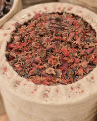 Wall Mural - Marrakech, Morocco - Feb 8, 2023: Dried Pomegranate flowers. Moroccan Culinary Arts Museum