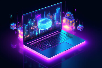 Wall Mural - Isometric laptop with a circuit board on the background of the city. Vector illustration.