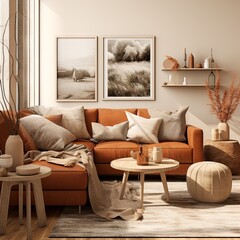 Poster - a living room with an orange couch, coffee table and two framed pictures on the wall above it in neutral tones