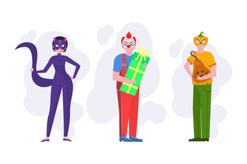 Wall Mural - People in funny Halloween costumes vector illustration. Cat woman, clown and carved pumpkin masks for party or masquerade. Halloween, holiday, accessory concept