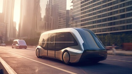 an electric vehicle driving down the road in front of a large cityscaing building with skyscrapers in the background