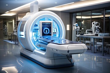 an mri that is in the middle of a room with two monitors and one monitor on top of the machine