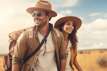 Wall Mural - Travel, vacation, romance concept. Young couple traveling and walking in African savannah. Heat, daytime and wilderness savannah in background. Generative AI