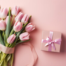 Mother's Day Concept. Top View Photo Of Stylish Pink Giftbox With Ribbon Bow And Bouquet Of Tulips On Isolated Pastel Pink Background. Made With Generative Ai