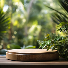 Table top wood counter floor podium in nature outdoors tropical forest garden blurred green jungle plant background.natural product present placement pedestal stand display. Made with generative ai