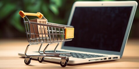 Small shopping cart and laptop on wooden table blur background. Convenience of online shop. Retail revolution. E commerce