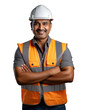 Worker indian man with crossed arm wearing orange protective vest helmet on white background