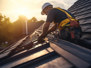 Roofing worker in special protective work clothes and gloves on roof tiles