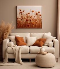 Poster - flowers on the wall above a white couch in a neutral living room with an orange throw pillow and coffee table