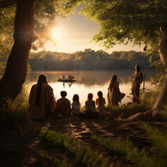 Wall Mural - group of tribal people at sunset near lake