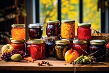 a close-up of golden-hued jars of homemade jams, jellies, and pickles, capturing the textures and colors of the preserved fruits and vegetables