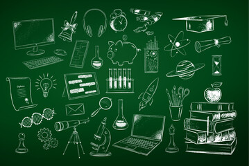 Wall Mural - vector chalk drawn illustration set of education and science items on green chalkboard background.