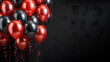 Black background with red and black balloons on one side of the image. Empty space for text. Black friday ad, sales and shopping. Generative ai