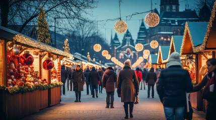 Wall Mural - Christmas markets  with colorful stalls, twinkling lights.