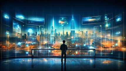 Wall Mural - A space dedicated to virtual travel, with screens showcasing global cities.