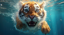 Close-up Of A Tiger Swimming Underwater In The Water With Its Mouth Open. Created By Generative AI Technology.