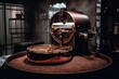 a coffee roasting machine with steam rising from the top to the bottom, in front of a black background