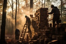 A Group Of People Wearing Hard Hats Are Building A Brick Wall On A Slope In A Forest.